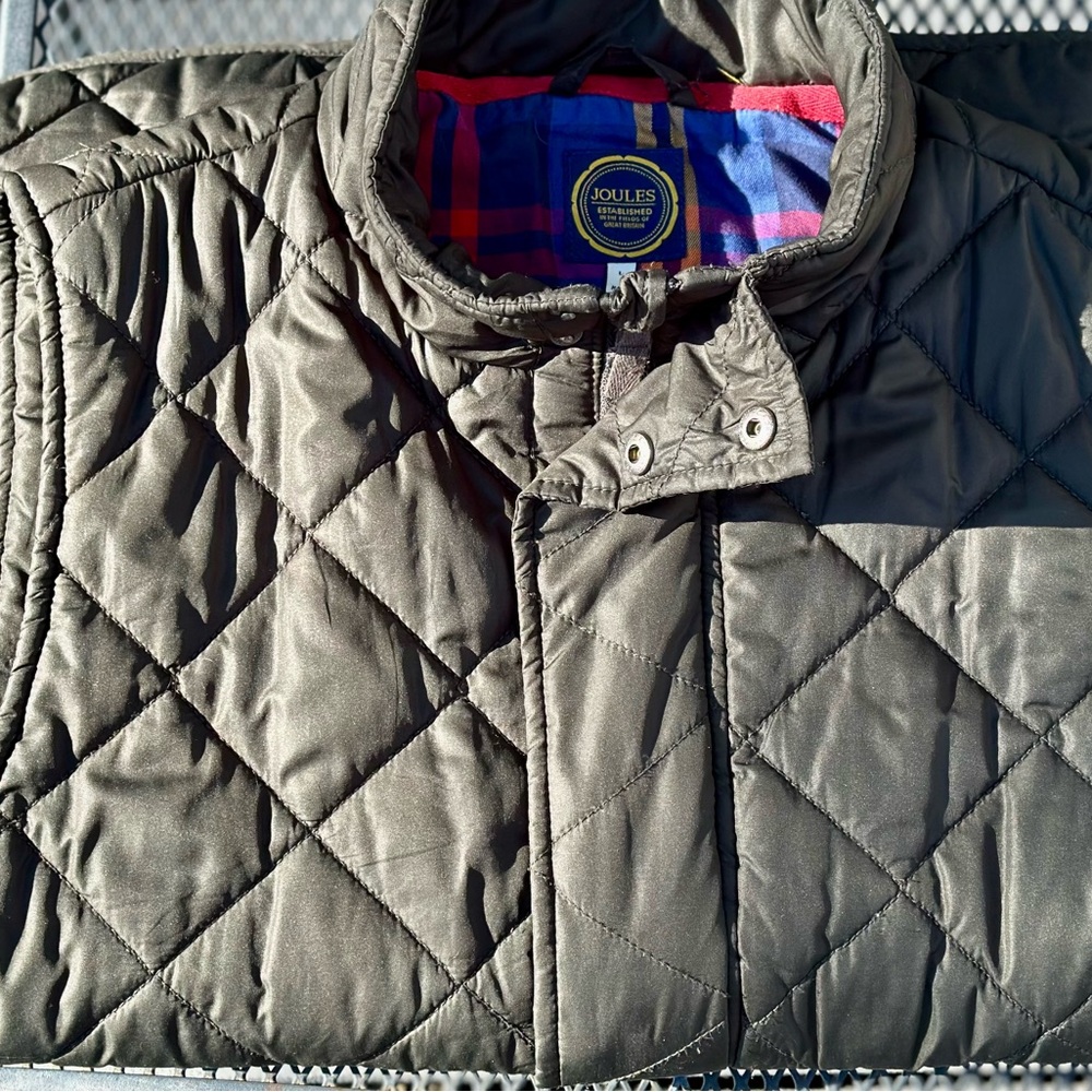 Joules Green and Red Quilted Vest with Stand-Up Collar